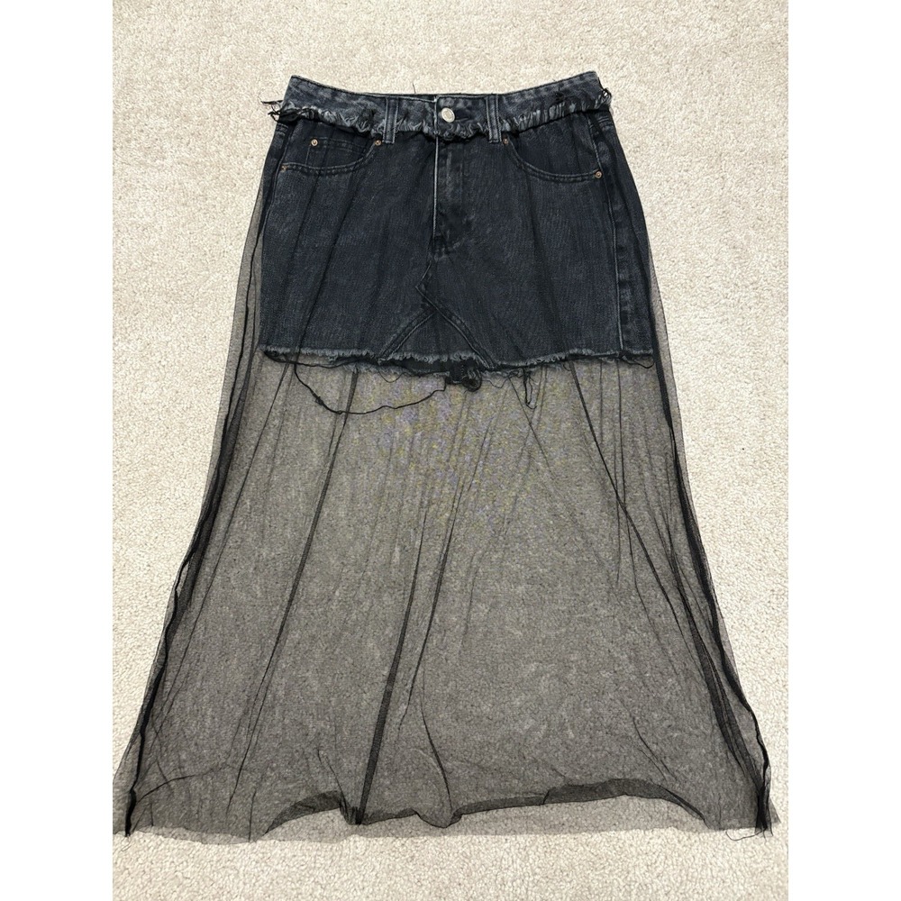 Y2K Litz By Uniq Sheer Laced Mini Denim Skirt Black Small Goth Emo Preppy